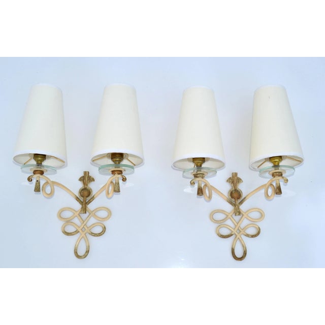 French Wrought Iron & Round Glass Sconces Cone Shades, Wall Lights Art Deco 1950 For Sale - Image 13 of 13