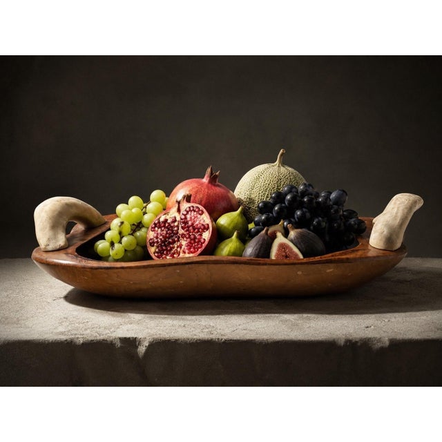 Spanish Olive Wood Centerpiece Bowl with Cow Horn Handles, 1960s For Sale - Image 3 of 15