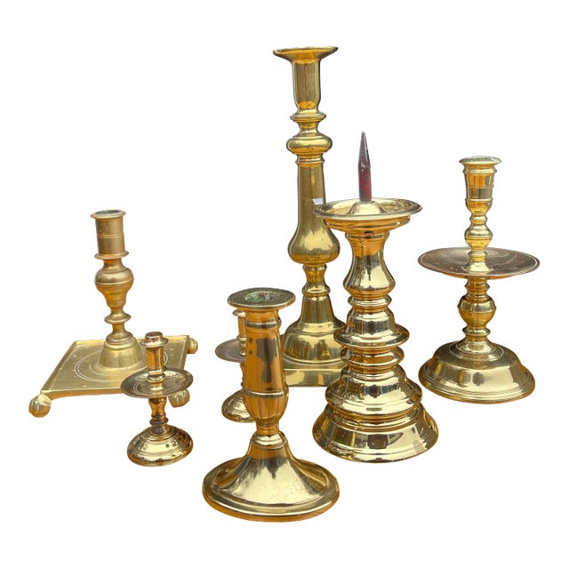 Antique and Vintage English Style Mixed Lot of Brass Candlesticks - S/7 For Sale
