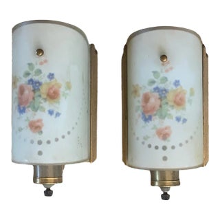 1940s Brass Wall Sconces With Reverse Painted Half Shades - a Pair For Sale