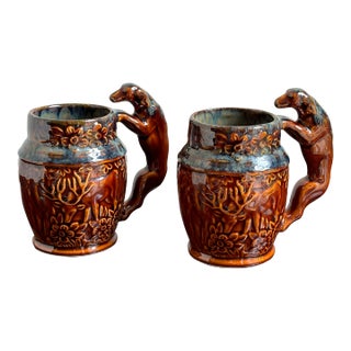 Glazed Hunting Dog Pottery Mugs — a Pair For Sale