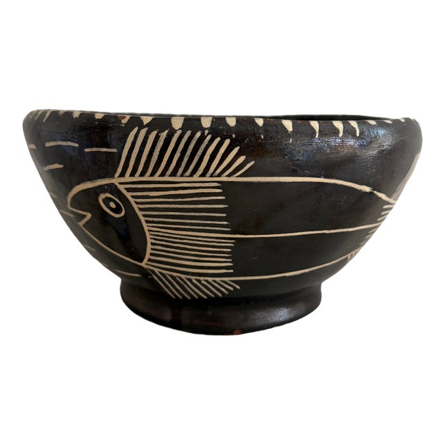Vintage Tzintzuntzan Mexican Pottery Fish Bowl, Signed Bernardo Zaldizar, Mexican Folk Artist For Sale