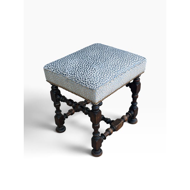 Antique 18th C William & Mary Walnut Ottoman Footstool w Blue Cheetah Velvet.