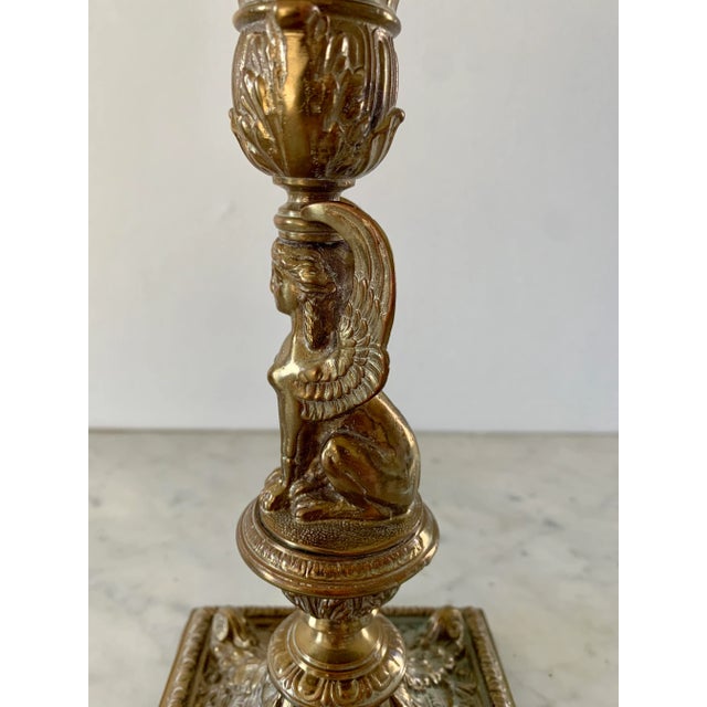 Bronze 19th-Century Egyptian Revival Gilt Bronze Sphinx Candlesticks, Pair For Sale - Image 8 of 13