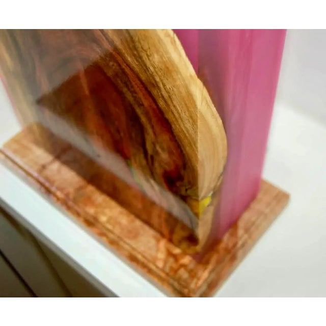 Wood Orchid Pink Resin and Carob Burl Wood Console Table Lamp For Sale - Image 7 of 13