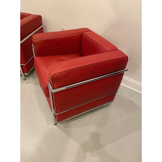 Le Corbusier Chrome and Red Leather Club Chairs in the Style of Le Corbusier - a Pair For Sale - Image 4 of 10