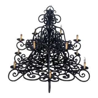 Large Black Wrought Iron Chandelier With 12 Lights For Sale