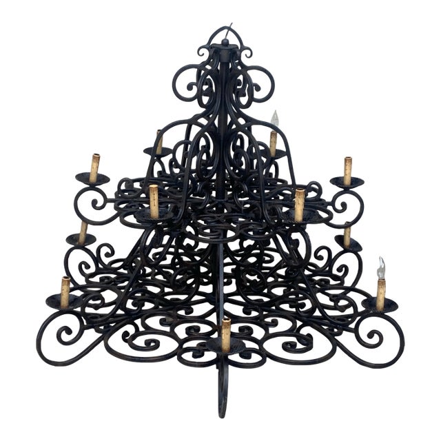 Large Black Wrought Iron Chandelier With 12 Lights For Sale