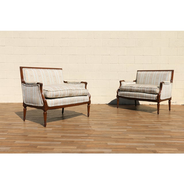 Textile Pair of Antique French Louis XVI Style Upholstered Loveseats, Circa 1950s For Sale - Image 7 of 18