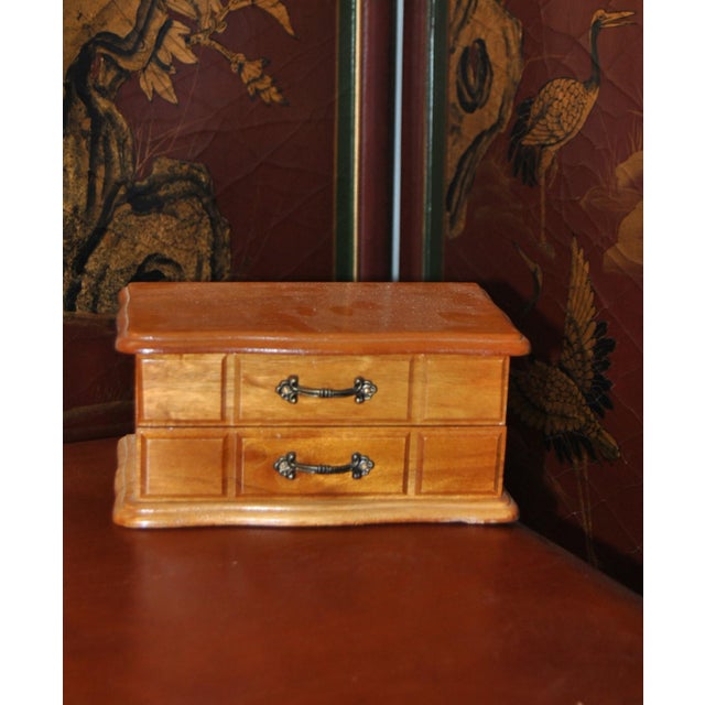 A Vintage Wood Small Dresser Jewelry Box with Drawers and Mirror. Shape: rectangle: Wood Color: Oak. real wood. Lining:...