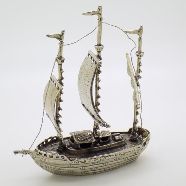 Italian Vintage Italian Handmade Genuine Silver Galleon Sailing Ship Large Figurine, Made in Tuscany in 1991 For Sale - Image 3 of 13