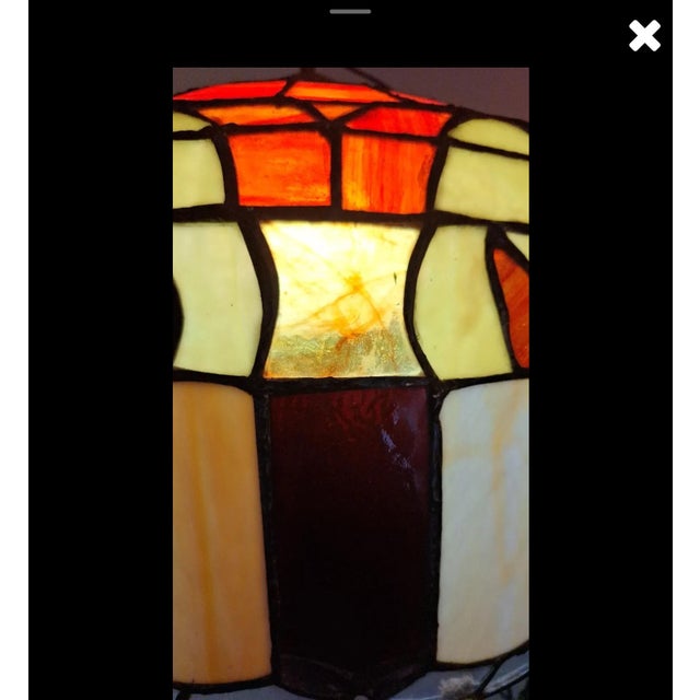 Tiffany and Co. Vintage 1970s Mission Style Leaded Stained Glass Swag Pendant Lamp For Sale - Image 4 of 6