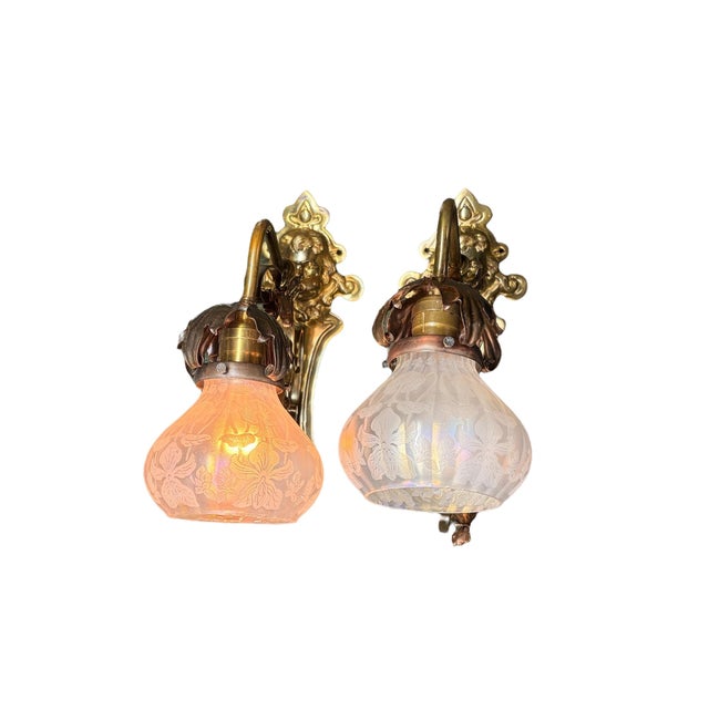 1900 Art Nouveau Brass and Copper Sconces With Antique Floral Irridescent Shades #2618 - a Pair For Sale - Image 12 of 14
