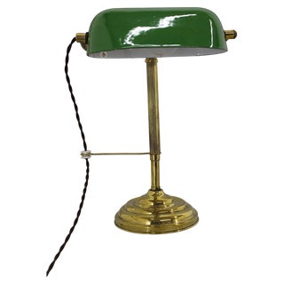 Art Deco Brass Banker Table Lamp, Former Czechoslovakia, 1930s For Sale