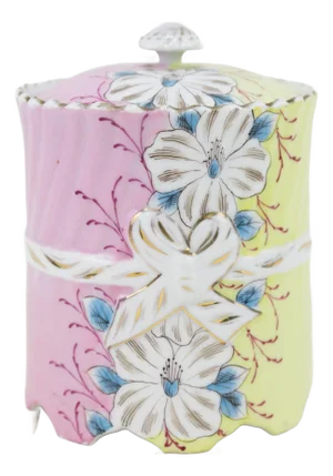 Vintage Victorian Hand-Painted Porcelain Biscuit Jar With Floral Bow Design