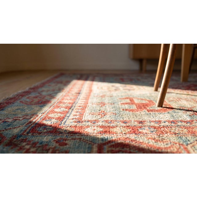 Robin's Egg Blue 1930s Turquoise Diamond Tribal Antique Agra Cotton Rug 4' 6" X 7' Handknotted Carpet For Sale - Image 8 of 8