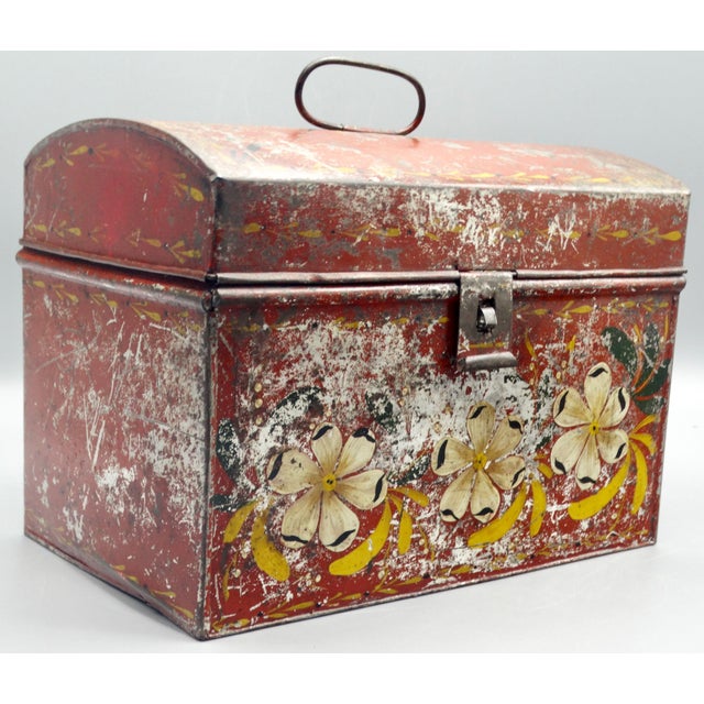 19th-Century American hand painted toleware box, featuring a floral design. Likely from Pennsylvania, it is an antique...