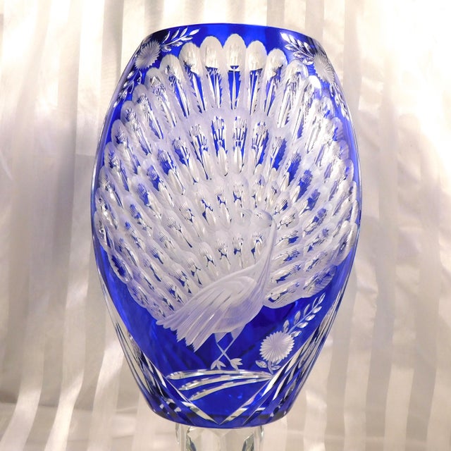 1940s Very Large Blue Cut to Cear Vase With Peacock Design For Sale - Image 9 of 11