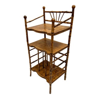 Vintage Scorched Bamboo Etagere/Bookshelf With Magazine Rack For Sale
