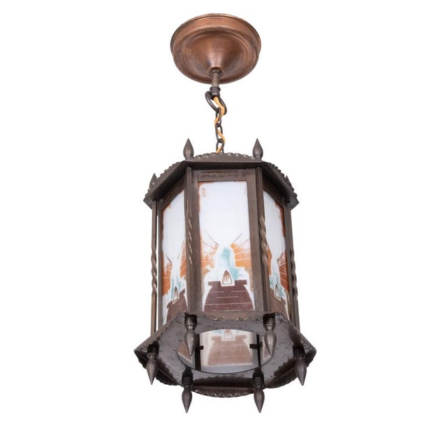 Amsterdam School Art Deco Hexagonal Hallway Lamp with Painted Glass, 1920 For Sale - Image 4 of 14