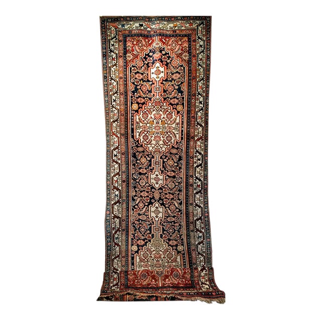 Vintage Persian Bidjar Wide Runner, Hand-Knotted Wool, Geometric Medallion Pattern, Navy & Ivory, 4x14 For Sale