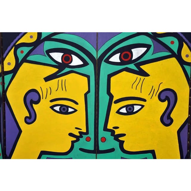 1950s Jean Cocteau Style Maximalist Four-Panel Hand Painted Screen For Sale In Miami - Image 6 of 11