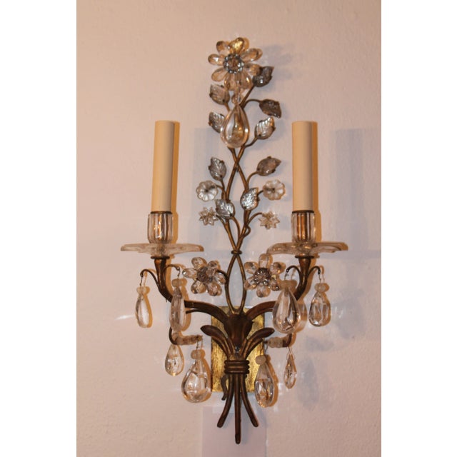 Early 20th Century Exceptional Maison Bagues France Rock Crystal Floral Two-Light Wall Sconces a - Pair For Sale - Image 5 of 11
