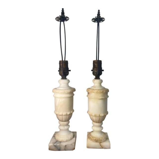 Pair Mid 20th Century Mid Century Romanian Alabaster Marble Urn Table Lamps Neoclassical For Sale