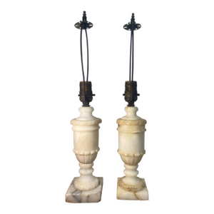 Pair of Mid Century Romanian Alabaster Marble Urn Table Lamps Neoclassical