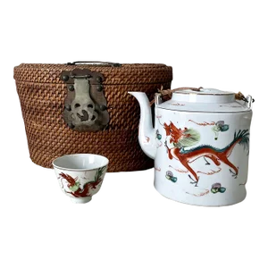 Vintage Asian Tea Set With Hand Woven Wicker Carrying Warmer Basket, Teapot and Mugs