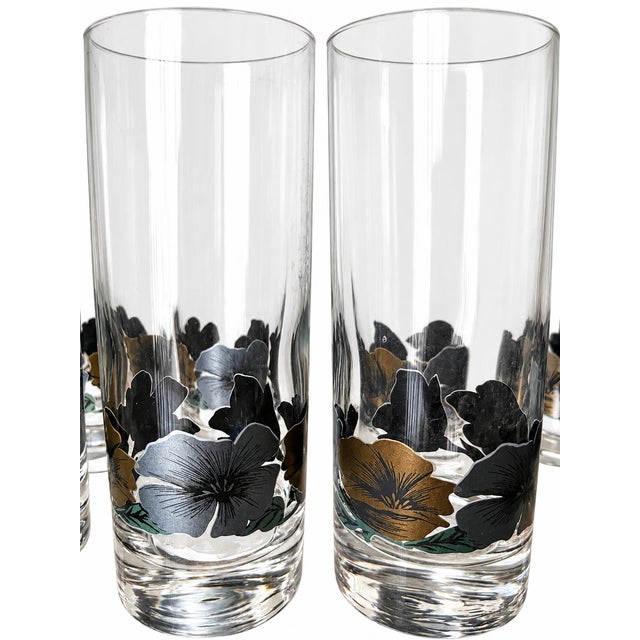 Metal Vintage Black, Silver-Blue and Gold-Tone Floral Highball Glasses — Set of 10 For Sale - Image 7 of 8