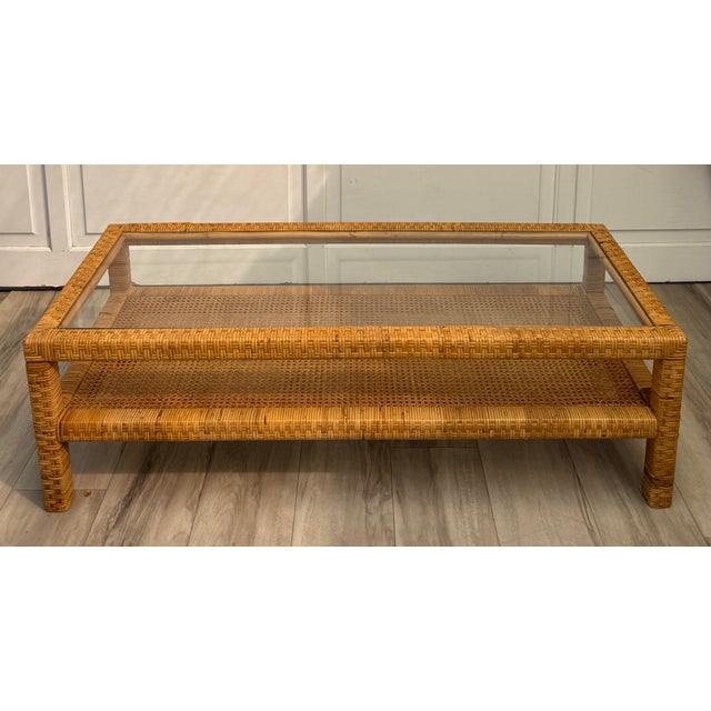 Mid-Century Two-Tier Woven Rattan & Cane Coffee Table With Glass Top For Sale - Image 10 of 15