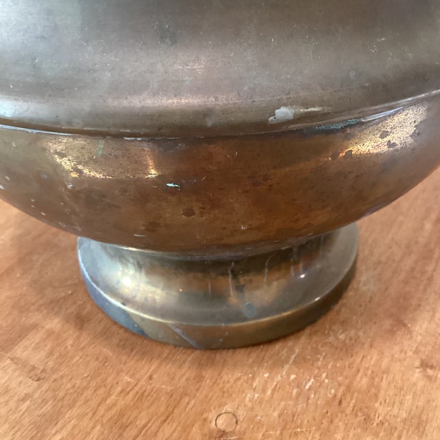 English Vintage Footed Tarnished Brass Bowl/ Planter With Rounded Flared Rim For Sale - Image 3 of 12