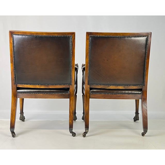 Pair of Theodore Alexander Regency Style Carved Lion & Hairy Paw Caster Armchairs in Brown Leather For Sale - Image 9 of 17
