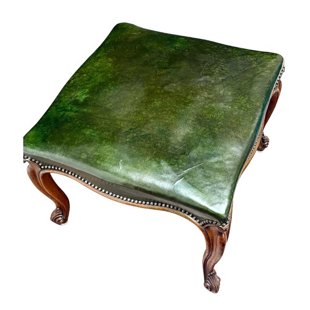 French Ottoman or Stool of Emerald Green Leather on Cabriole Legs For Sale - Image 4 of 15