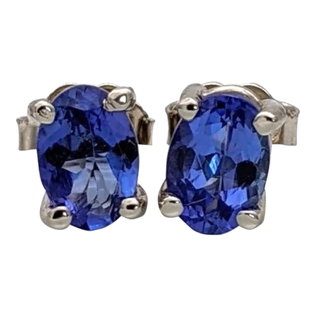 Tanzanite Solitaire Stud Earrings in Solid 14k Gold Oval - 2 Pieces For Sale