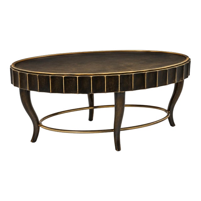 Mid 20th Century Hollywood Regency Oval Coffee Table by Decca — Dark Antique Brass Finish With Hand-Gilded Scalloped Apron For Sale