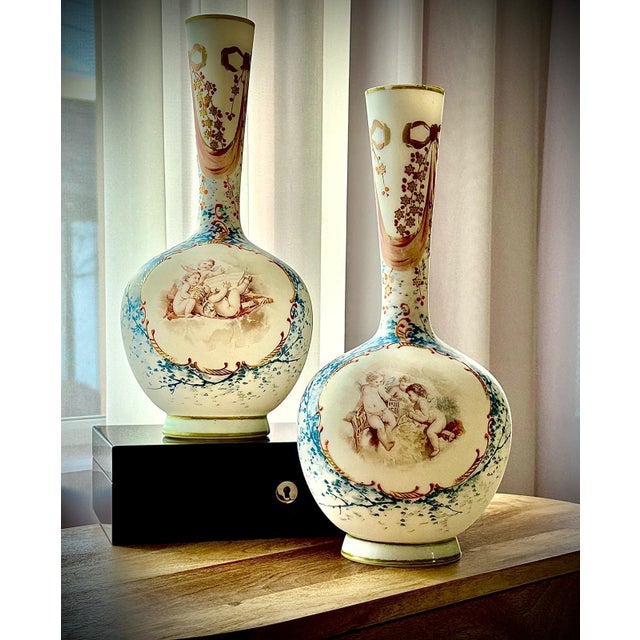 Ceramic French Opaline Glass Vases with Hand-Painted Cherubs, 19th Century, Set of 2 For Sale - Image 7 of 17