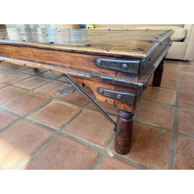 Late 20th Century Late 20th Century Spanish Colonial Revival Rustic Coffee Table W/ Iron Strapwork & Studded Plank Top For Sale - Image 5 of 6