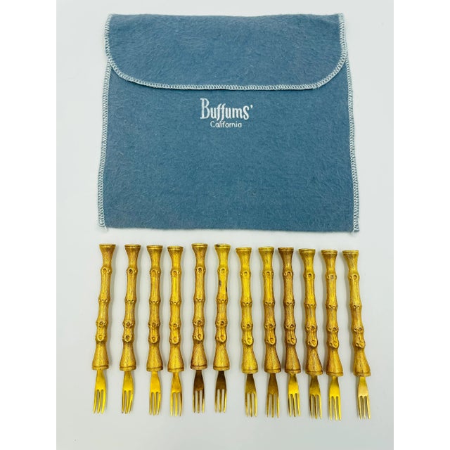 Vintage Gold Tone Bamboo-Style Cocktail Forks From Buffums’ Dept. Store - Set of 12 For Sale - Image 4 of 11