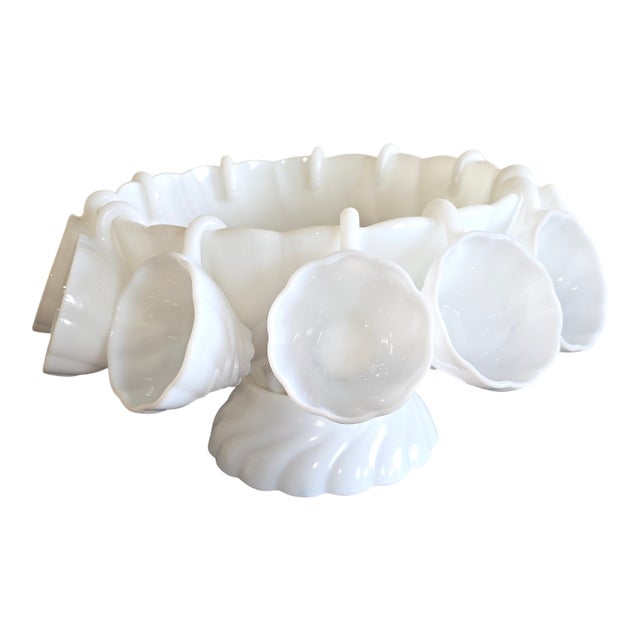 Milk Glass Swirl Pattern Punch Set For Sale