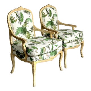 Vintage Regency Faux Bois Fauteuil Chairs in Scalamandre Fern Print - A Pair For Sale