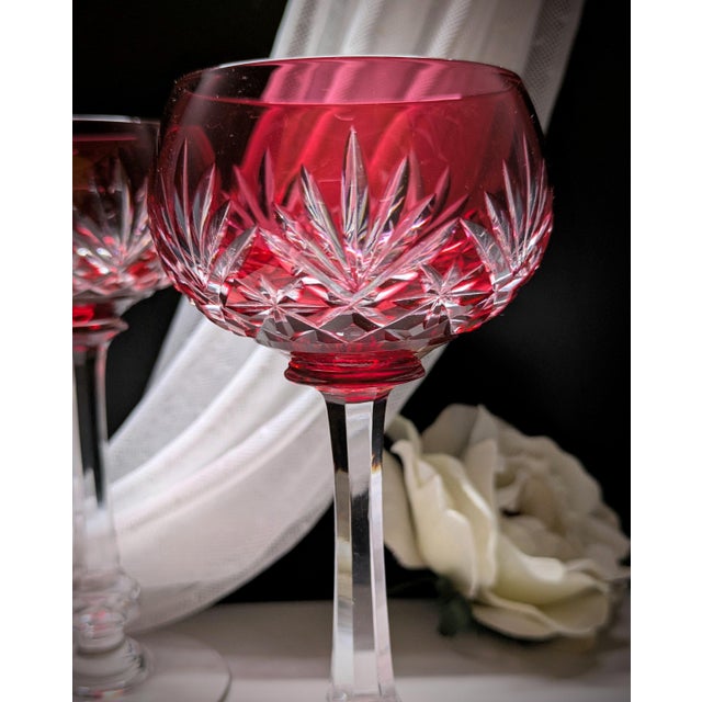 French Vintage Saint-Louis Crystal Massenet Cranberry Cut to Clear Hock Wine Glasses, Pair For Sale - Image 3 of 8