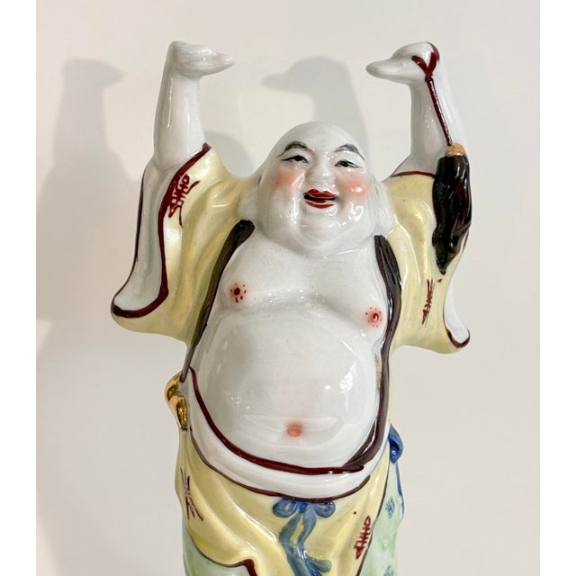 Chinese Vintage Chinese Laughing Buddha Ceramic Sculpture, Hand Painted For Sale - Image 3 of 11