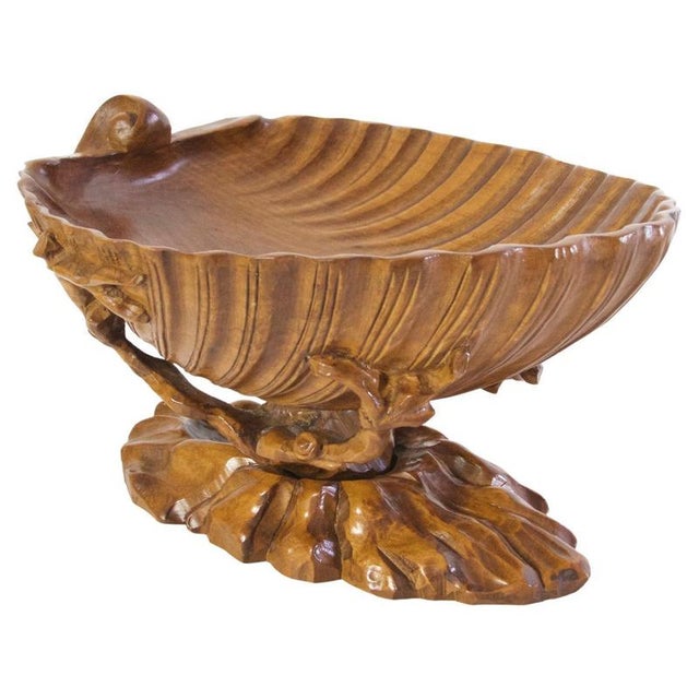Gold Large Hand-Carved Olive Wood Clam Shell Bowl, Italy, 1930s For Sale - Image 8 of 8