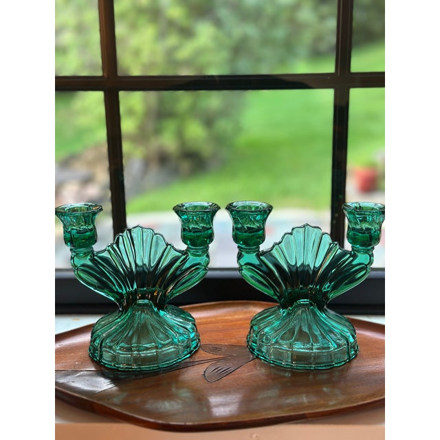 Jeannette Glass 1930s Rare Art Deco Jeannette Glass Ultramarine Double Candlestick Holders - Pair For Sale - Image 4 of 5