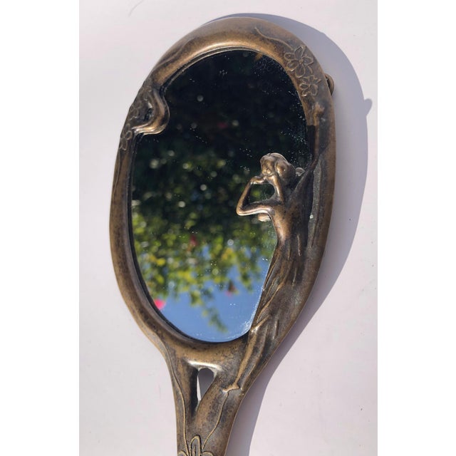 Art Deco 1920s French Art Deco Brass Handheld Mirror With Female Figure and Flower Etchings For Sale - Image 3 of 10