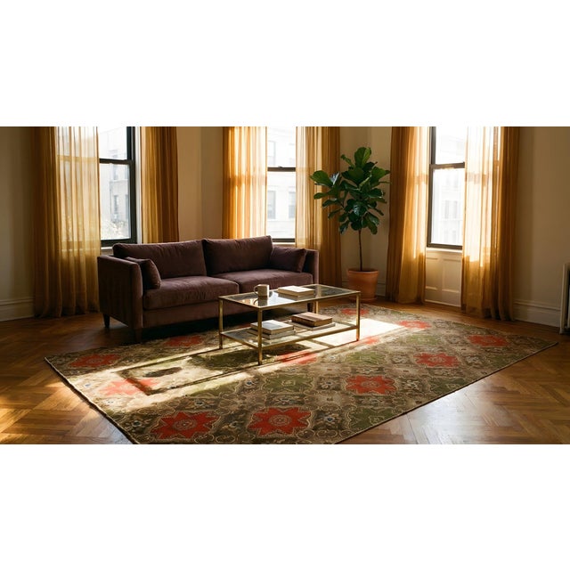 1850s Olive Red Star Medallion Antique American Ingrain Carpet 8' 2'' X 12' 9'' Wowen Wool Rug For Sale - Image 14 of 15