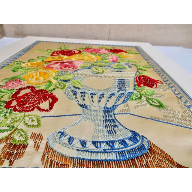 Cerulean Mid-Century Flower Crewel Needlework Image Framed For Sale - Image 8 of 9