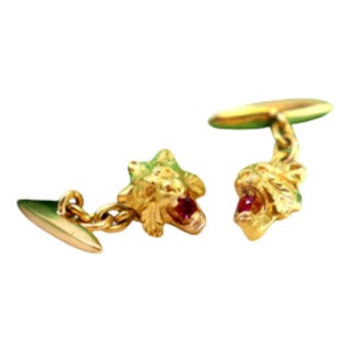 Gold Cufflinks with Lion Head and Synthetic Red Stones, Set of 2 For Sale